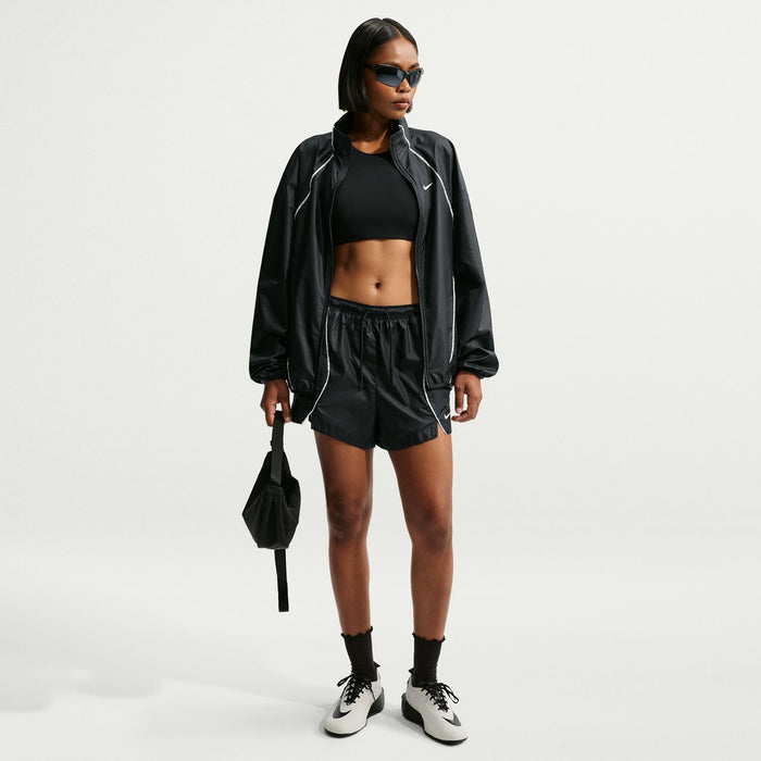 Women's black windbreaker jacket with stand collar, long sleeves, and zip front