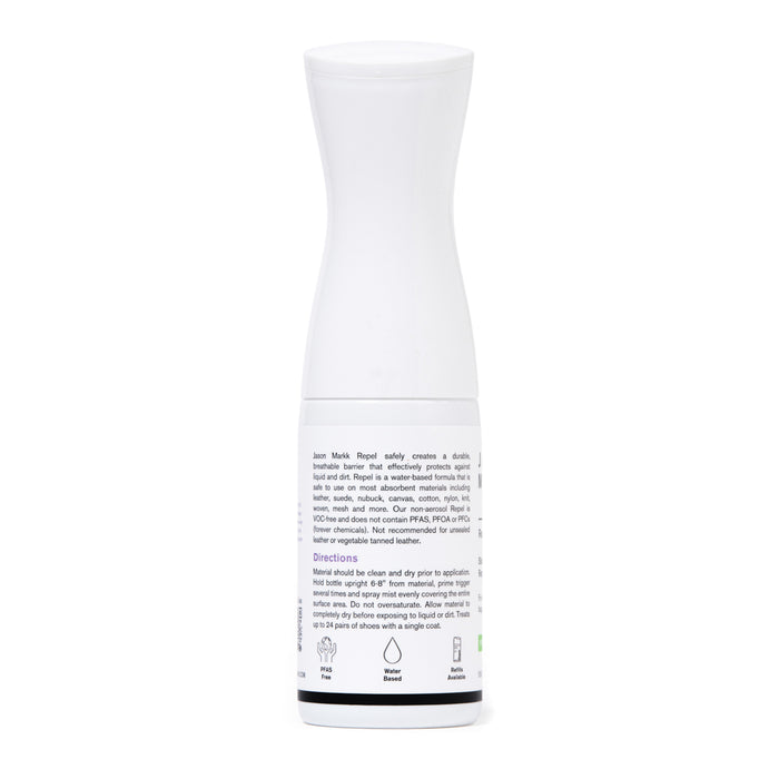 Repel protectant spray bottle with back label and usage icons