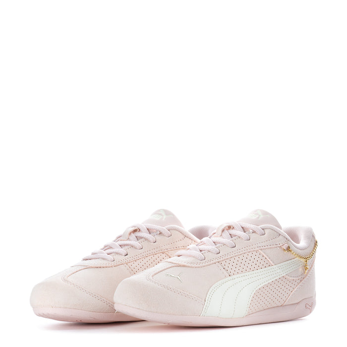 Kids low-top sneakers pair, front view, light beige uppers with mint and gold accents