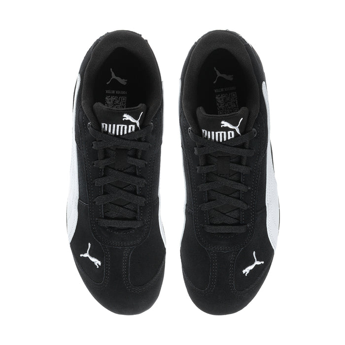 Pair of women's black sneakers with laces and PUMA logo at heel, top view