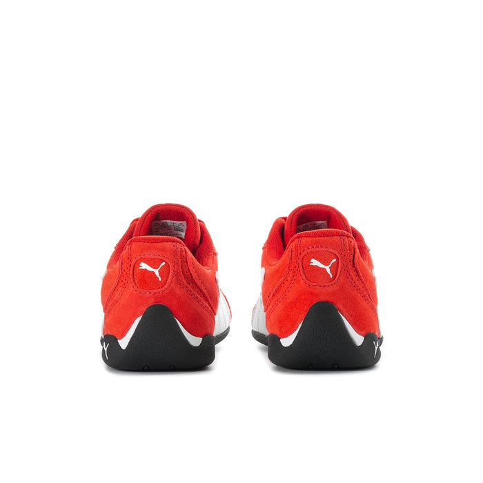 Women's red suede sneakers, heel view with black detail and PUMA logo