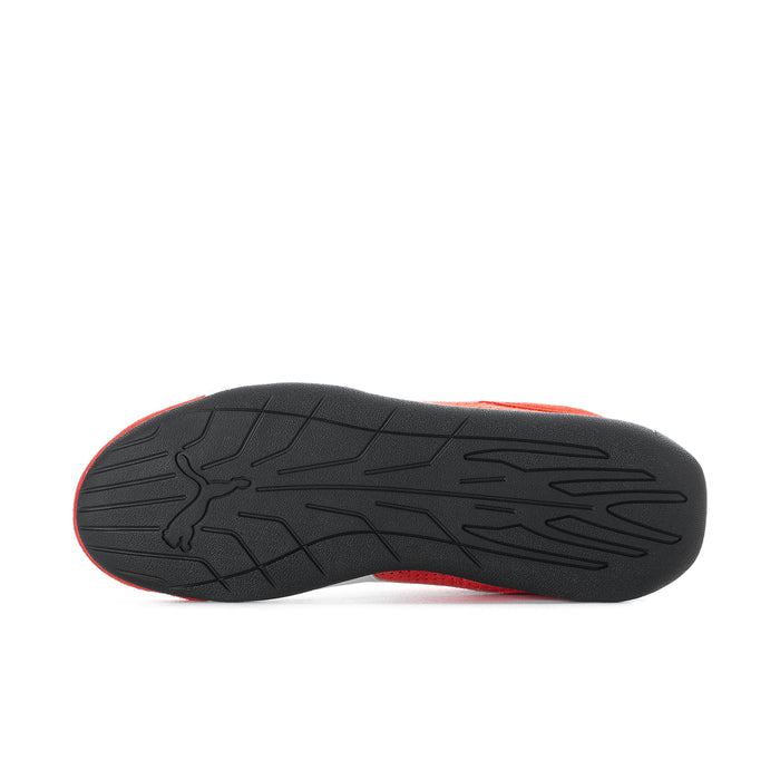 Women's red suede sneakers, black outsole tread with orange edge