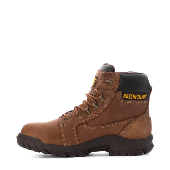 Women’s Caterpillar CT WP work boot, leather brown side view with CAT logo
