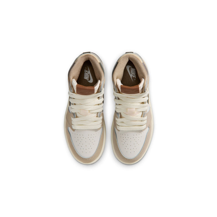 Kids high-top sneakers viewed from front, off-white laces and perforated toe box