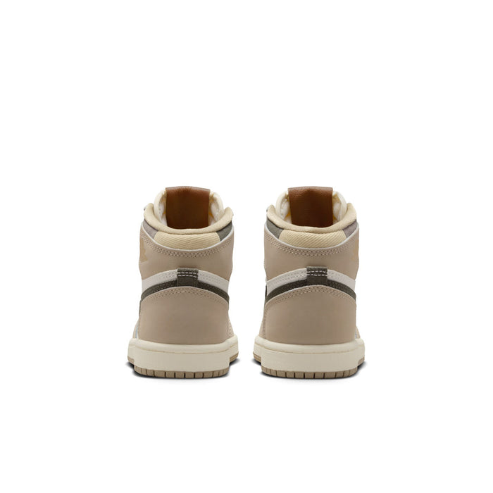 Kids high-top sneakers heel view in beige with dark green stripe accents