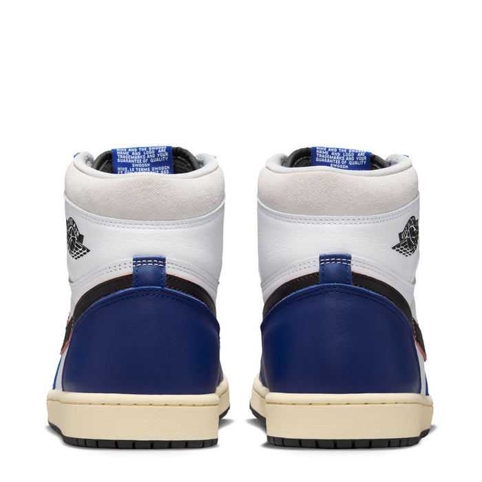 Pair of men's high-top sneakers, white uppers with royal blue heel panels, cream sole