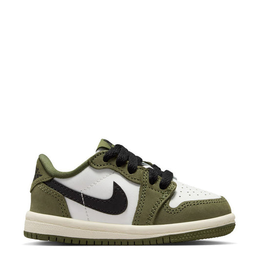 Toddler low-top sneakers with olive, white, and black panels, lace-up front