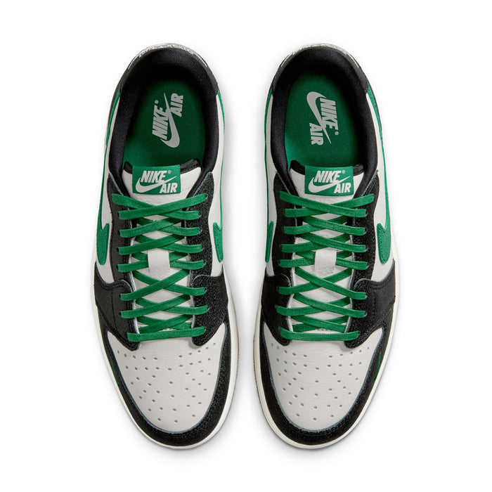 Pair of low-top sneakers with Nike Air tongue label and green lace-up.