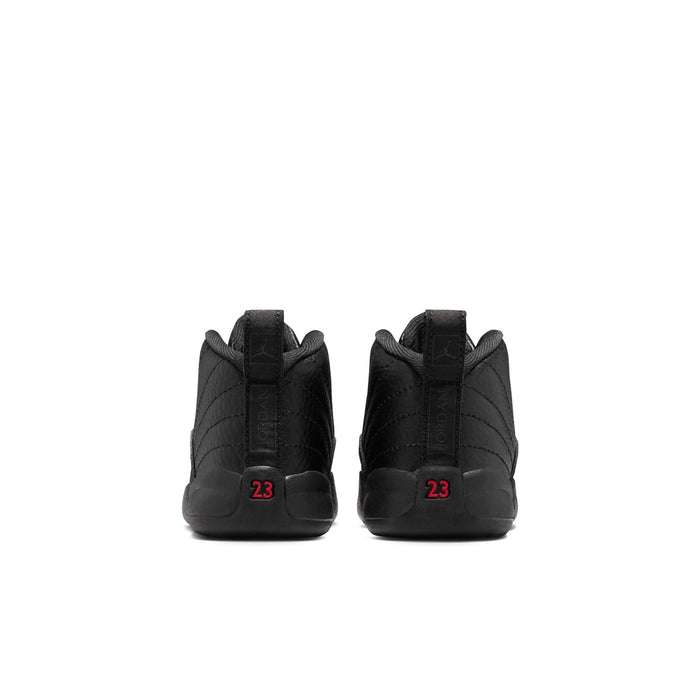Black toddler high-top sneakers with red '23' on heel, lace-up, and rubber sole