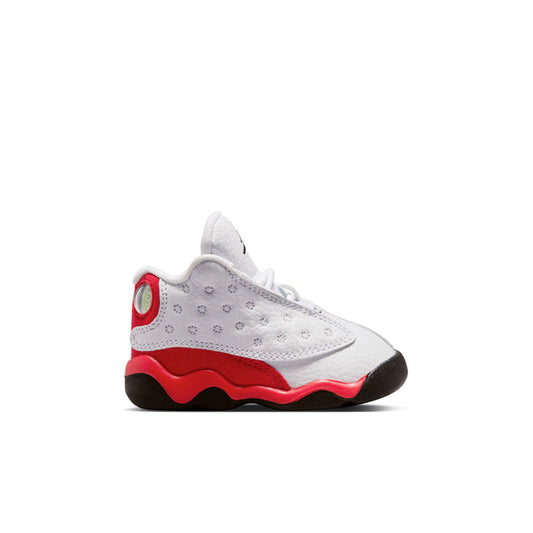 Toddler retro-style sneakers with white/gray upper, red side panel, and black sole