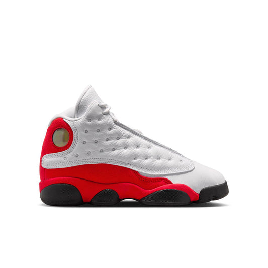 Youth retro basketball shoe, white upper with red panel and black outsole