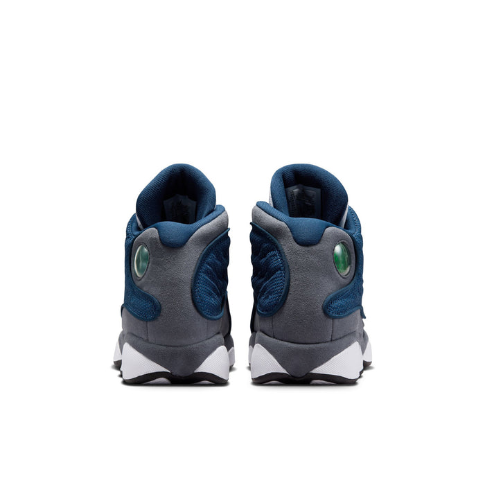 Youth retro basketball shoes, heel view, gray suede panels with navy collars and white midsole