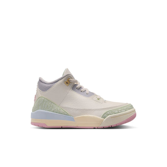 Kids' low-top sneakers with white upper, mint and lavender panels, pink and blue sole
