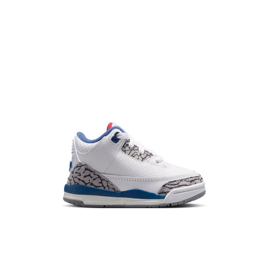 Toddler retro sneakers in white with blue accents, speckled gray panel, and red collar lining