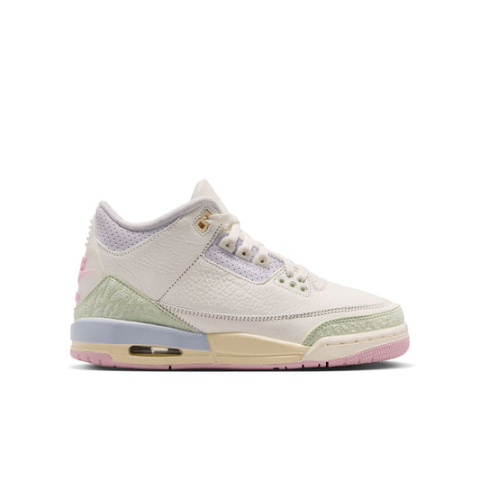Youth Air Jordan Retro 3 sneakers in white with mint green and pink outsole accents