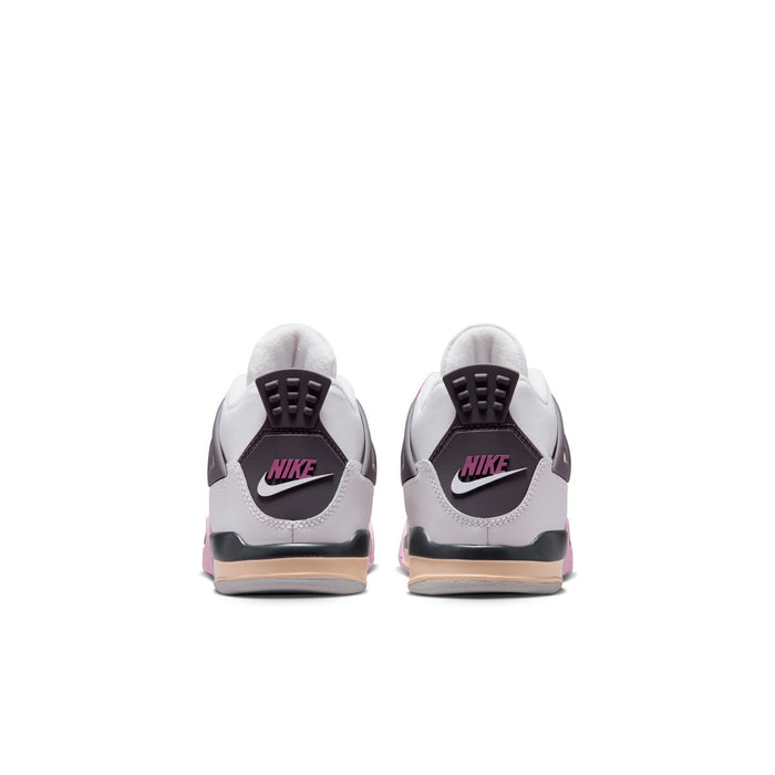 Kids sneakers back view, white with gray heel, pink collar, and tan midsole
