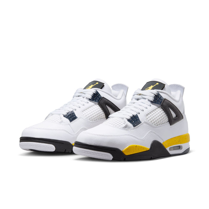 Pair of men's white sneakers with black heel accents, navy panels, yellow sole