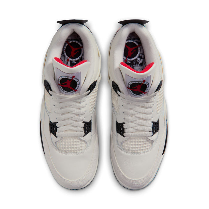 Men's Retro 4 sneakers with white uppers and lace-up front; visible interior red accents