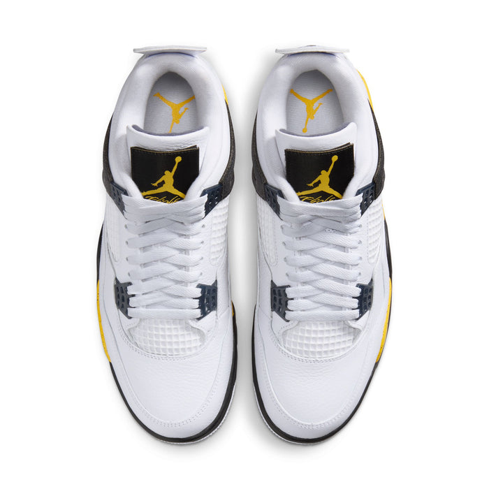 Men's white sneakers, back view, black ankle panels and yellow-accented sole