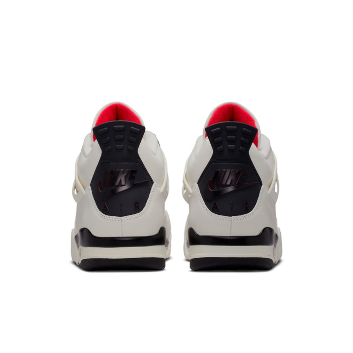Men's Retro 4 sneakers heel view with black outsole, sail white upper, red collar lining