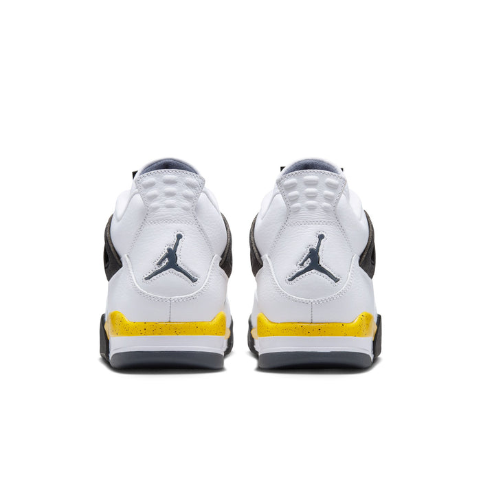 Men's white sneakers, heel view, black collars and yellow midsole band