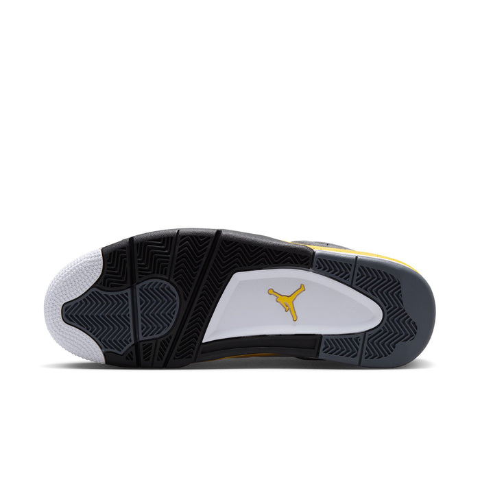 Men's sneaker outsole with traction tread, gray outsole, and yellow edge; Jumpman logo