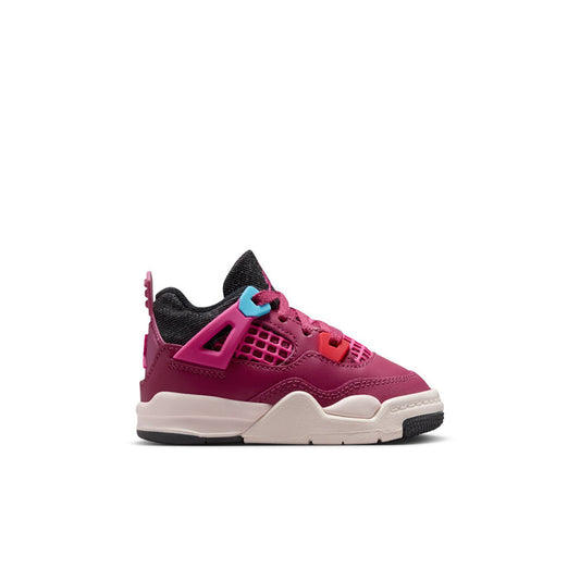 Toddler retro 4 sneakers in burgundy with black collar and teal lace accents