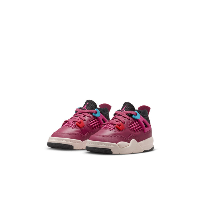 Toddler burgundy retro 4 sneakers with black tongues and teal lace details, side view