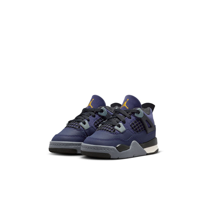 Toddler Retro 4 sneaker side view, dark purple upper with multicolor accents