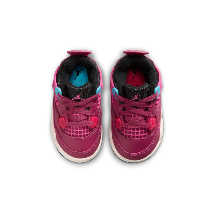 Toddler retro 4 sneakers, front view: burgundy uppers with black lining and off-white soles