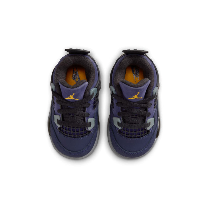 Toddler Retro 4 sneaker, dark purple toe box with black laces and yellow Jumpman
