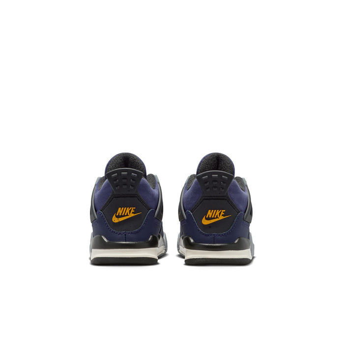 Toddler Retro 4 sneaker heel view, dark purple with yellow Jumpman and gray midsole
