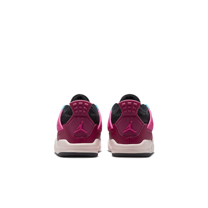 Toddler retro 4 sneakers, heel view: burgundy with black heel tabs and off-white midsoles