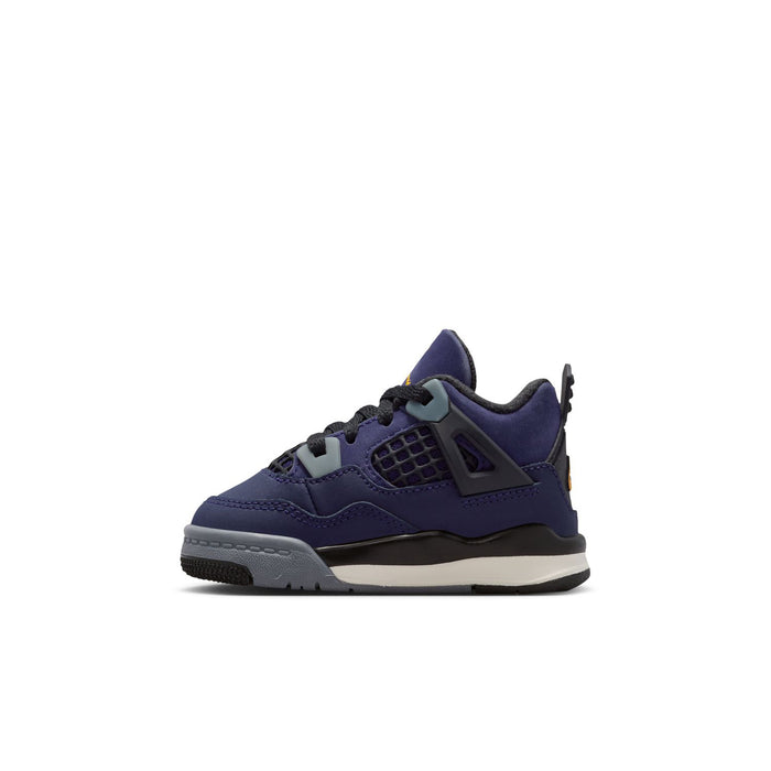 Toddler Retro 4 sneaker front three-quarter, dark purple panels and black laces