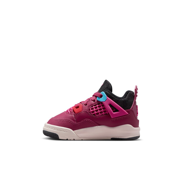 Toddler burgundy retro 4 sneaker, angled view with black collar, teal lace accents