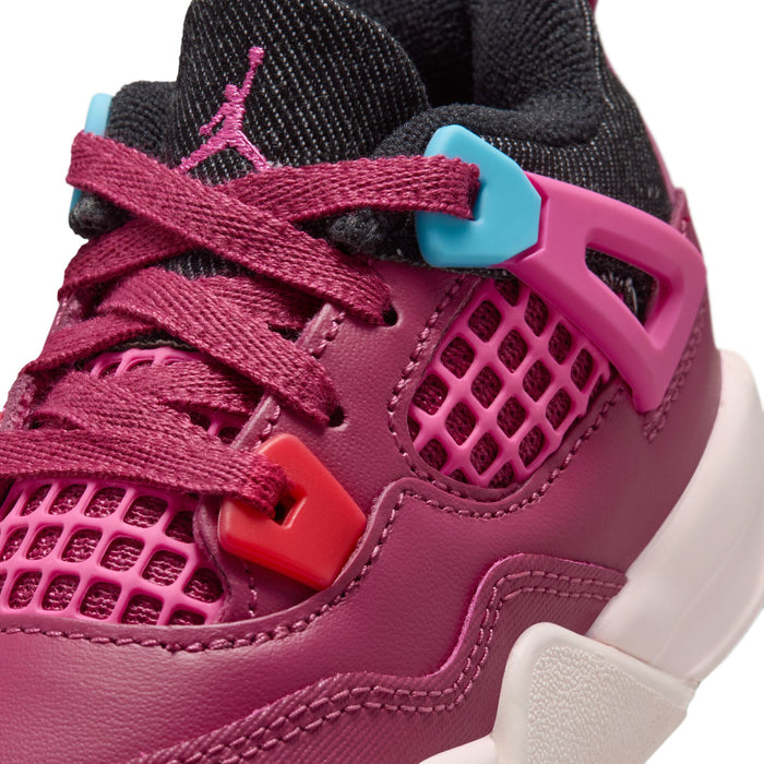 Toddler retro 4 sneaker close-up: burgundy mesh upper with teal lace keeper and pink heel