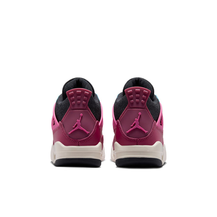 Youth pink sneakers from back with Air Jordan logo on heel and white midsole