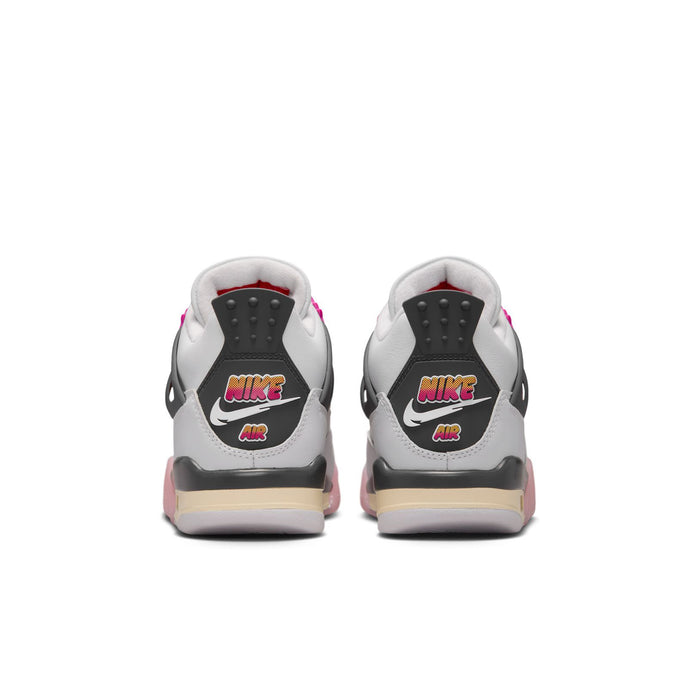 Youth sneakers, white with dark heel panels and Nike logo, rear view