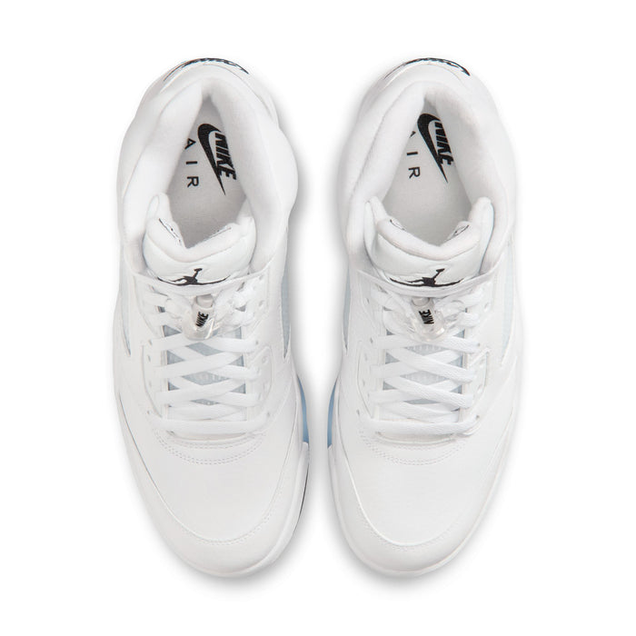 Men's Retro 5 white lace-up sneakers, twin pair view showing padded collars and eyelets