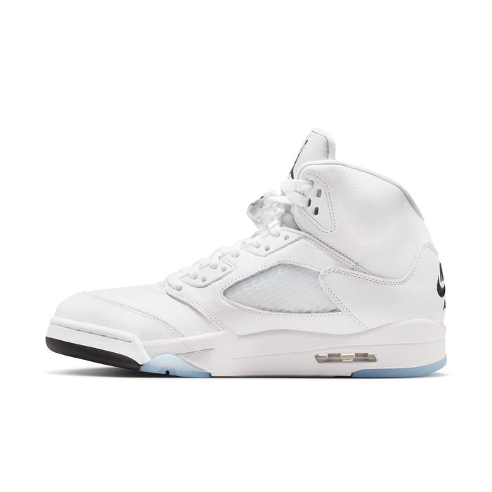 Men's Retro 5 white mid-top sneaker with side panels, lace-up closure, and dark swoosh