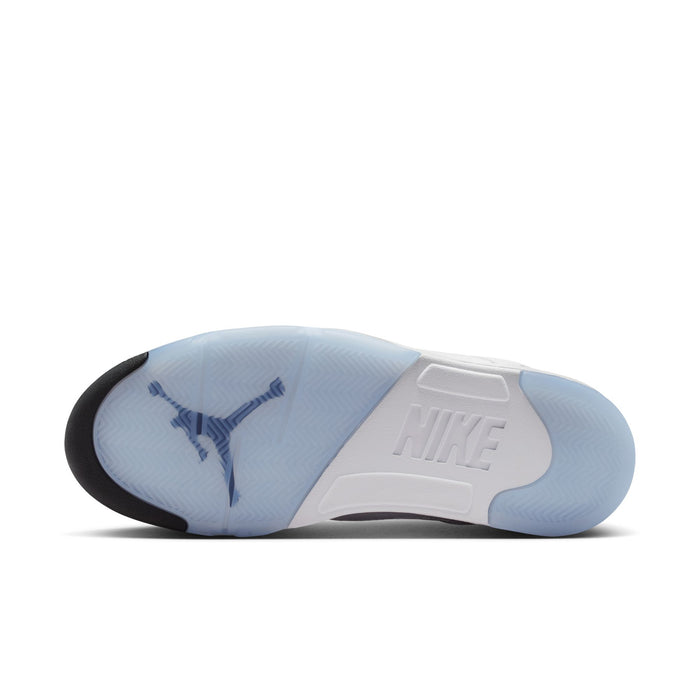 Men's Retro 5 outsole view with blue-tinted rubber tread and NIKE branding on the footbed