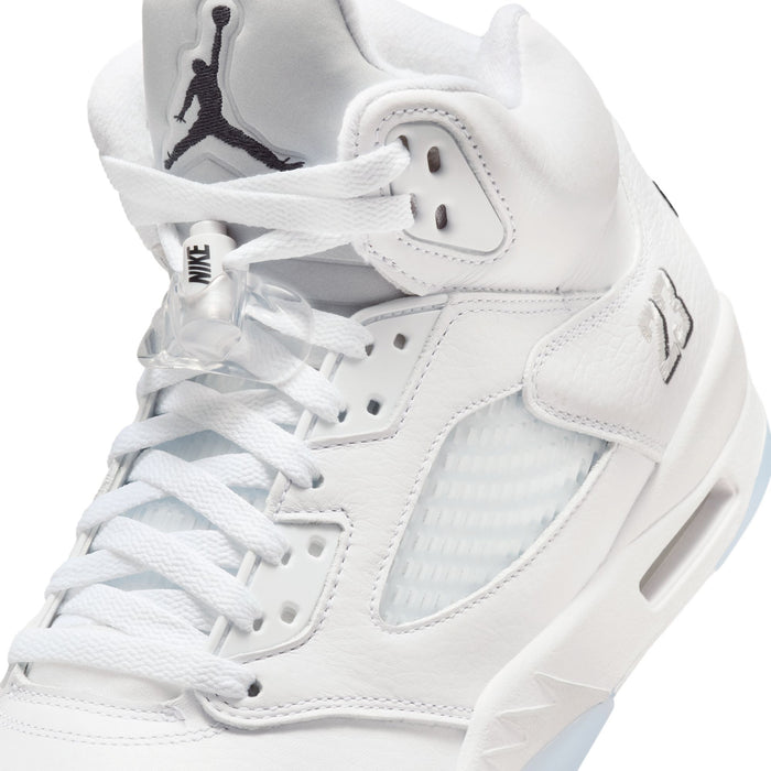 Men's Retro 5 close-up showing white laces, mesh panels, and black Jumpman logo on tongue