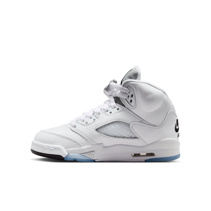 Youth white high-top sneakers with grey accents, lace-up, and light blue sole