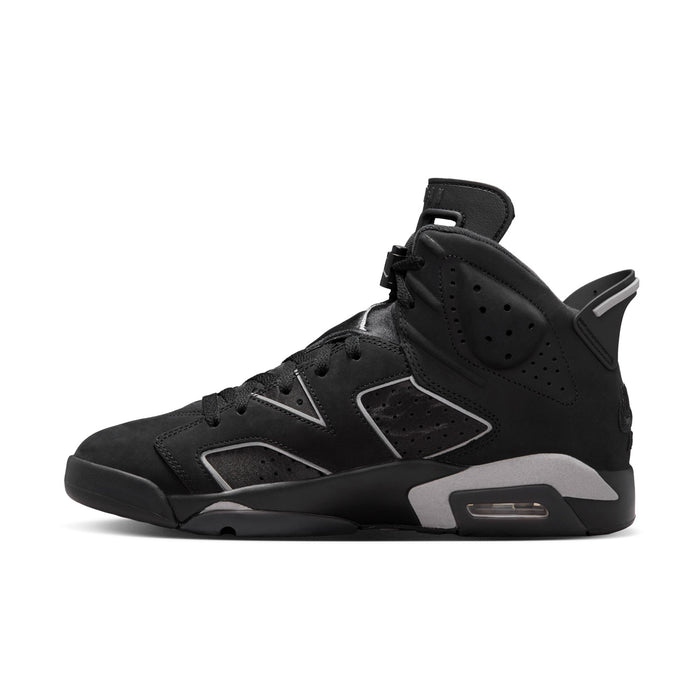 Men's black high-top sneakers, angled side view with perforated toe and eyestay