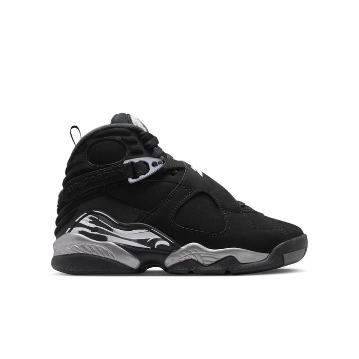 Youth black high-top sneakers with silver/white graphic midsole and lace-up closure