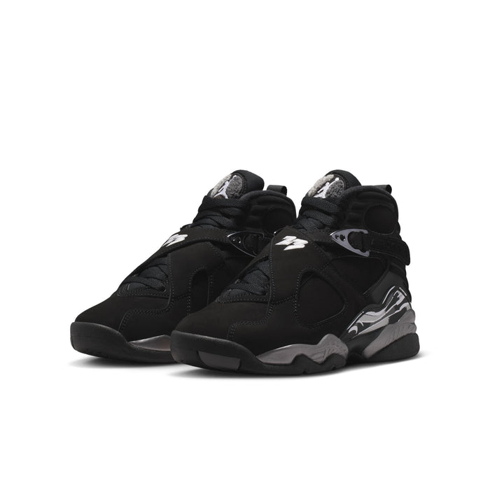 Youth black high-top sneakers, lace-up style, with silver and white side graphics