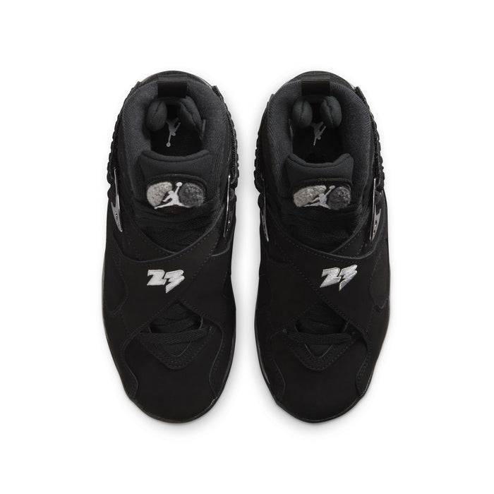 Youth black high-top sneakers with padded collars, laces, and Jumpman logo on tongue