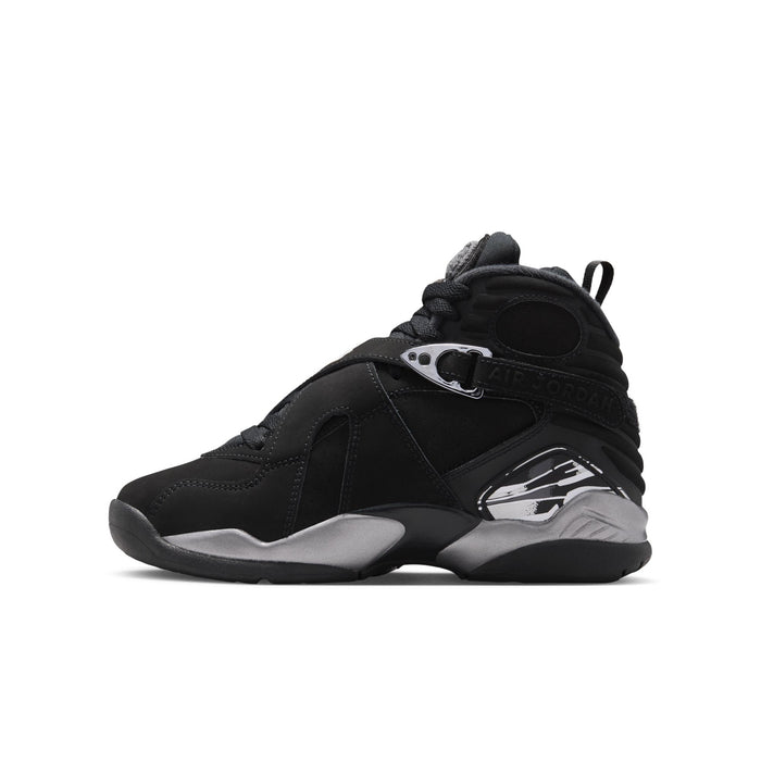 Youth black high-top sneakers with metallic silver overlays and lace-up front