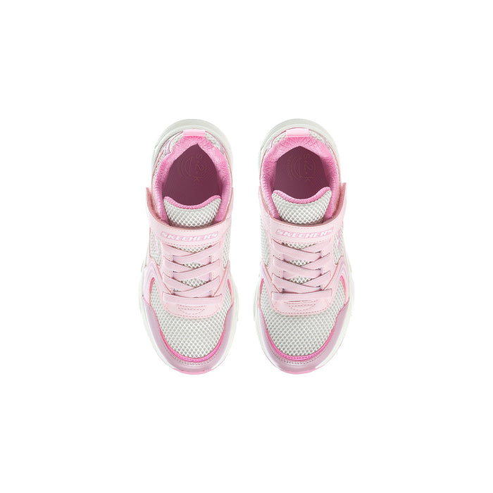 Kids retro sneakers front view, pink laces and white mesh with pink sockliner