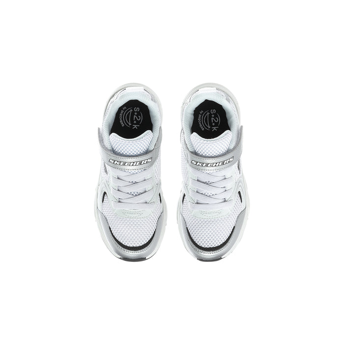 Kids' retro-style sneakers, white lace-up pair with cushioned tongue and logo